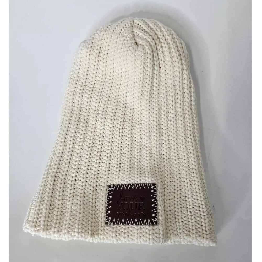 LOVE YOUR MELON One Size Beanie Knit Hat Foldover Patch Logo Cotton Cuffed Beige